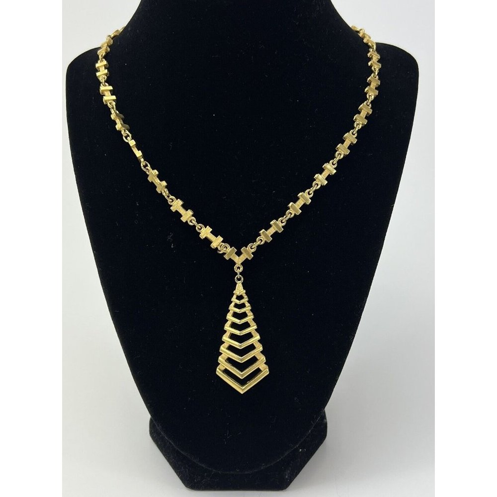 Vintage Crown Trifari Ornate Textured 20” Necklace - MCM 70s Mod Geometric Gold